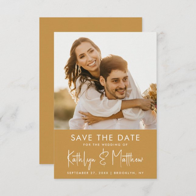 Honey Gold Fun Script Modernes Foto Hochzeit Save The Date (Vorne/Hinten)