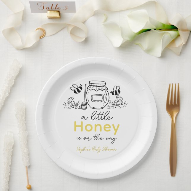 Honey Hand-drawn Jar & Bees White Baby Shower Pappteller (Hochzeit)