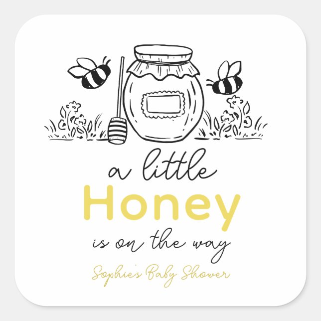 Honey Hand-drawn Jar & Bees White Baby Shower Quadratischer Aufkleber (Vorderseite)