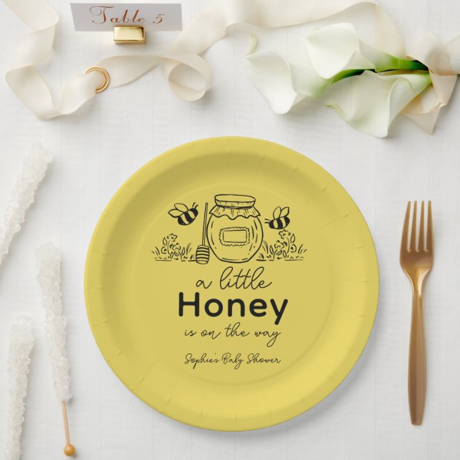 Honey Hand-drawn Jar & Bees Yellow Baby Shower Pappteller (Hochzeit)