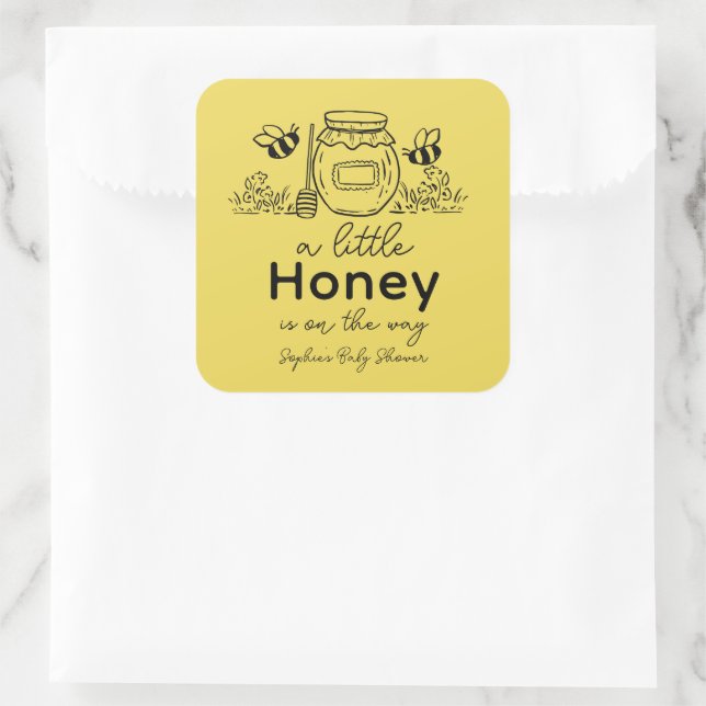 Honey Hand-drawn Jar & Bees Yellow Baby Shower Quadratischer Aufkleber (Tasche)