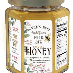 Honey HEX PANEL handbemalt Biene & Blume 16oz JAR Adressaufkleber