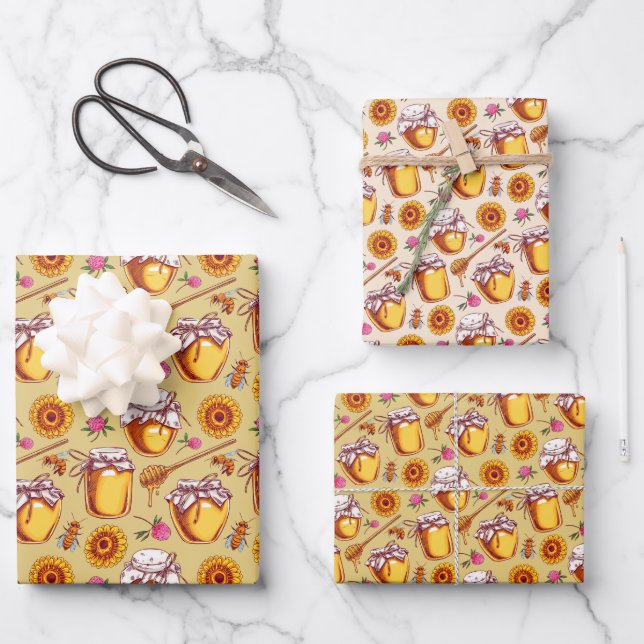 Honey Jar Bees Wrapping Paper Flat Sheet Set 3 Geschenkpapier Set (Vorderseite)