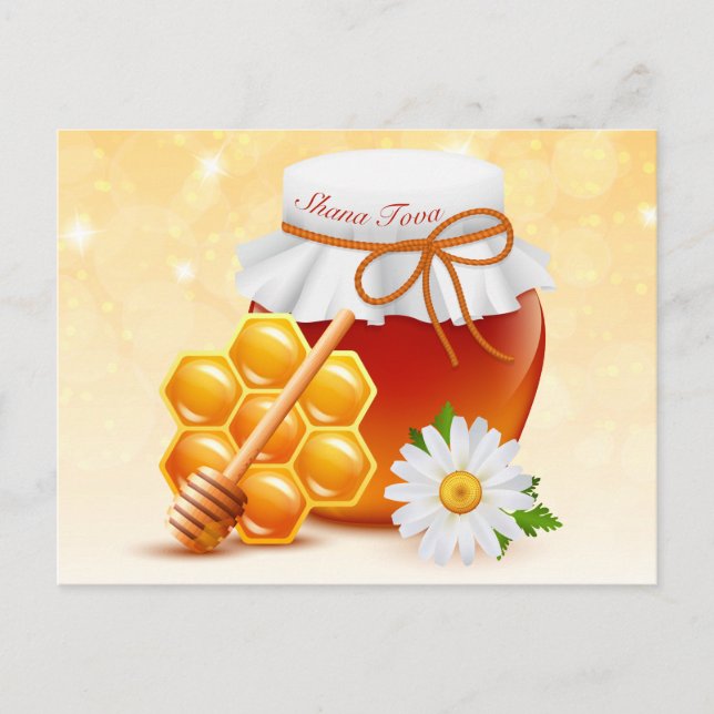 Honey Jar, Honeycomb, Daisy Rosh Hashanah Postkarte (Vorderseite)