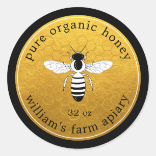 Honey Jar Label Bee Apiary Gold Honeycomb Black Runder Aufkleber