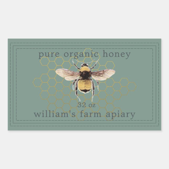 Honey Jar Label Honeybee Apiary Dusty Green Rechteckiger Aufkleber (Vorderseite)