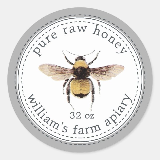 Honey Jar Label Honeybee Apiary Gray Runder Aufkleber (Vorderseite)