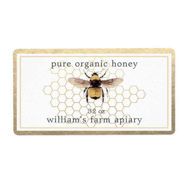 Honey Jar Label Honeybee Apiary Honeycomb Gold (Vorne)
