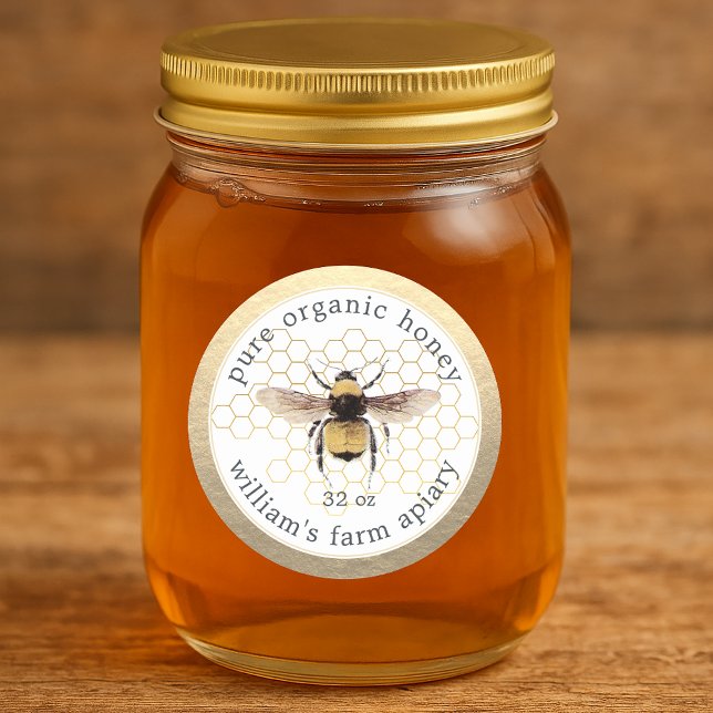 Honey Jar Label Honeybee Apiary Honeycomb Gold Runder Aufkleber (Von Creator hochgeladen)
