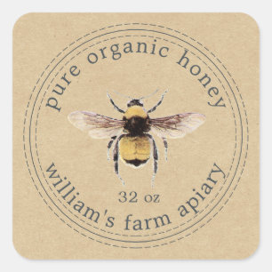 Honey Jar Label Honeybee Apiary Kraft Paper Quadratischer Aufkleber