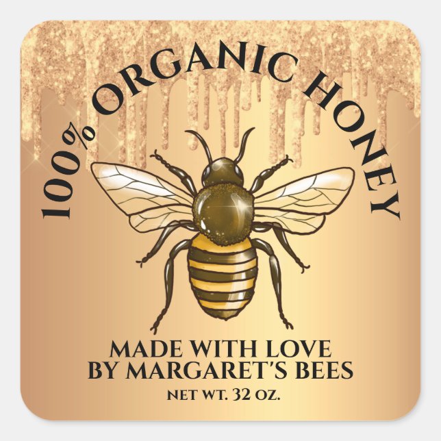 Honey Jar Labels Honeybee Honeycomb Made with Lieb Quadratischer Aufkleber (Vorderseite)