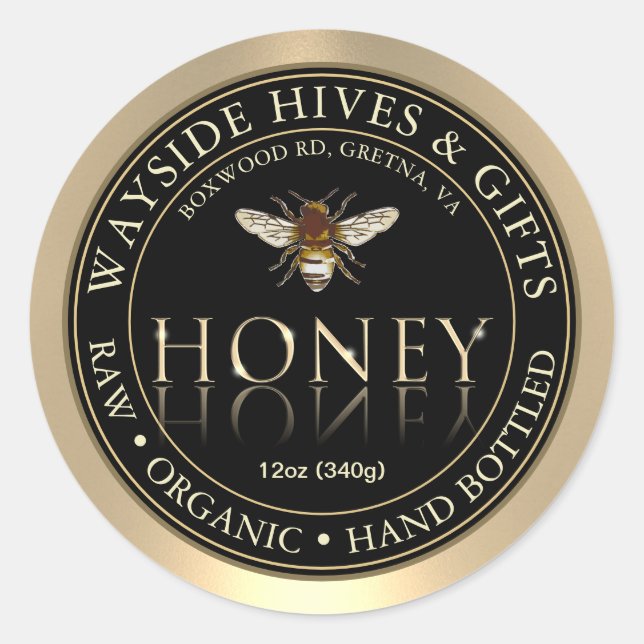 Honey Label Bee and Honeycomb on Black with Border Runder Aufkleber (Vorderseite)