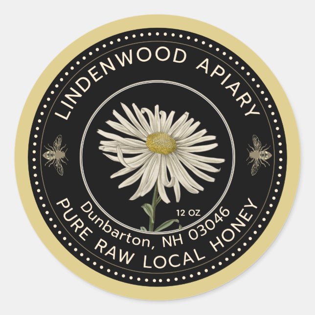 Honey Label Black Bee Daisy Beekeeper Runder Aufkleber (Vorderseite)