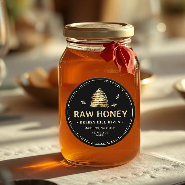 Honey Label Gold Skep Bienen gepunktete Border Bla Runder Aufkleber (Von Creator hochgeladen)
