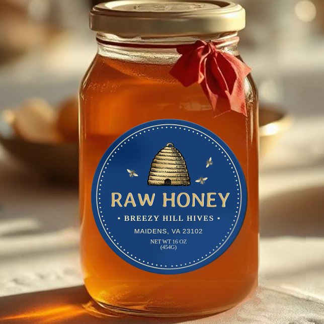 Honey Label Gold Skep mit Bienen gepunktete blaue  Runder Aufkleber (Von Creator hochgeladen)