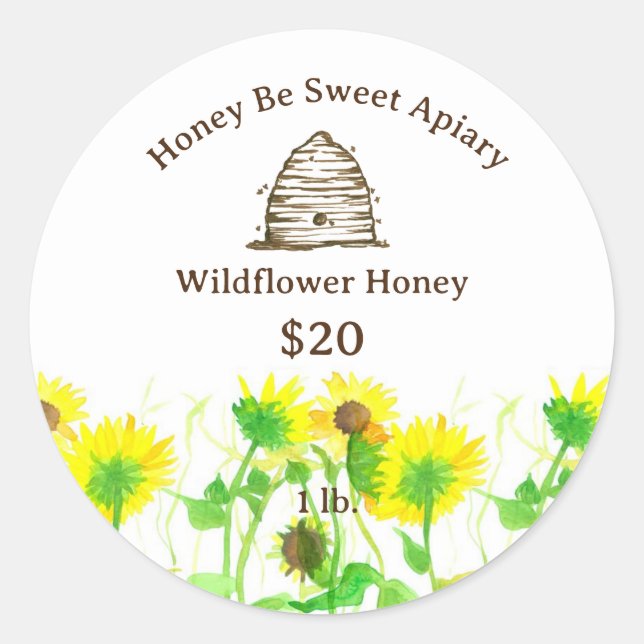 Honey Label Honeybee Skep Sonnenblumen Runder Aufkleber (Vorderseite)