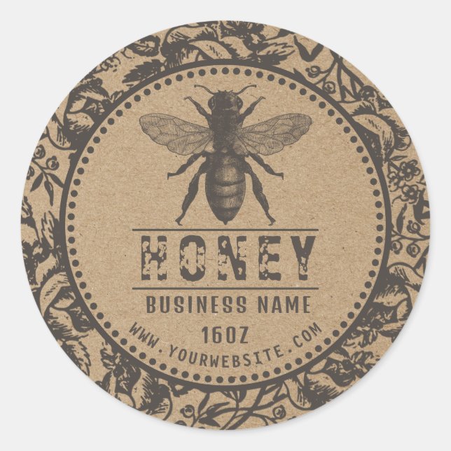 Honey Label Kraft | Blume und Bienen Runder Aufkleber (Vorderseite)