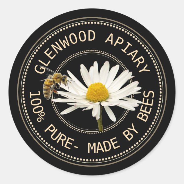 Honey Label mit Bienen und Daisy auf Black Runder Aufkleber (Vorderseite)