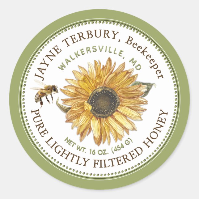 Honey Label Sonnenblume mit Biene Runder Aufkleber (Vorderseite)