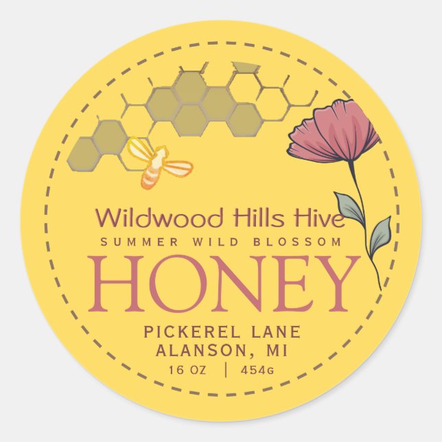 Honey Label Wildblume Bee and Honeycomb Yelllow Runder Aufkleber (Vorderseite)