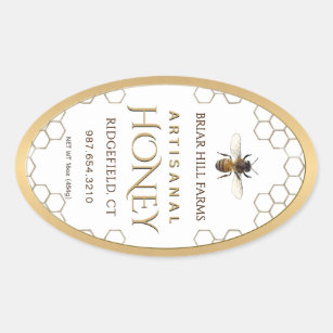 Honey Label with honeycomb, bee and gold border Ovaler Aufkleber