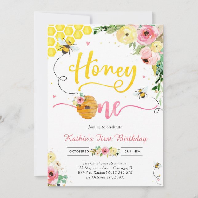 Honey One Honey Bee 1st Birthday Invitation Einladung (Vorderseite)