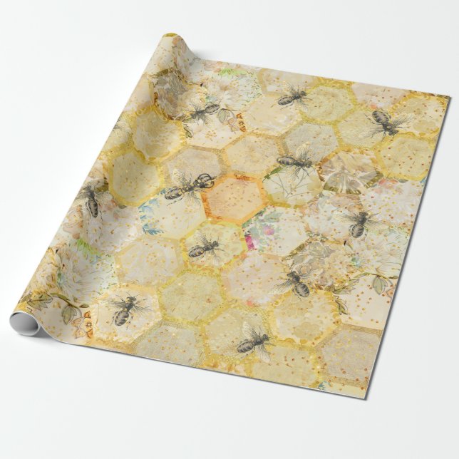 Honey Queen Bee Floral Honeycomb Gold Geschenkpapier (Ungerollt)