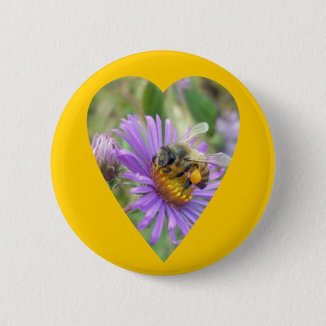 Honeybee auf Fall Asters Herz Button (Vorderseite)