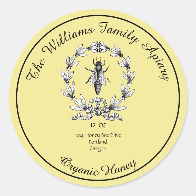 Honeybee Honey Jar Apiary Label | Bio Honig Runder Aufkleber (Vorderseite)