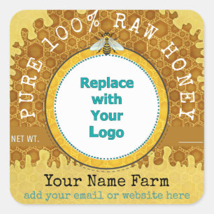 Honeybee Honey Jar Apiary Logo   Honeycomb Bee V2 Quadratischer Aufkleber