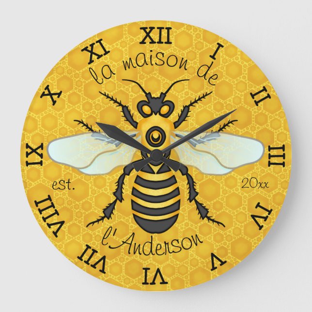 Honeybee Honeycomb French Bee Family Name Elegant Große Wanduhr (Vorderseite)