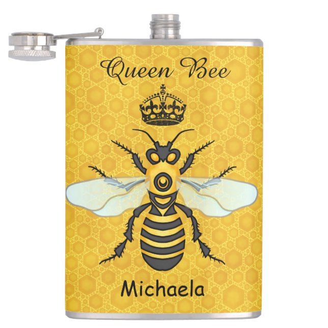 Honeybee Honeycomb Queen Bee Crown Custom Text Flachmann (Geöffnet)