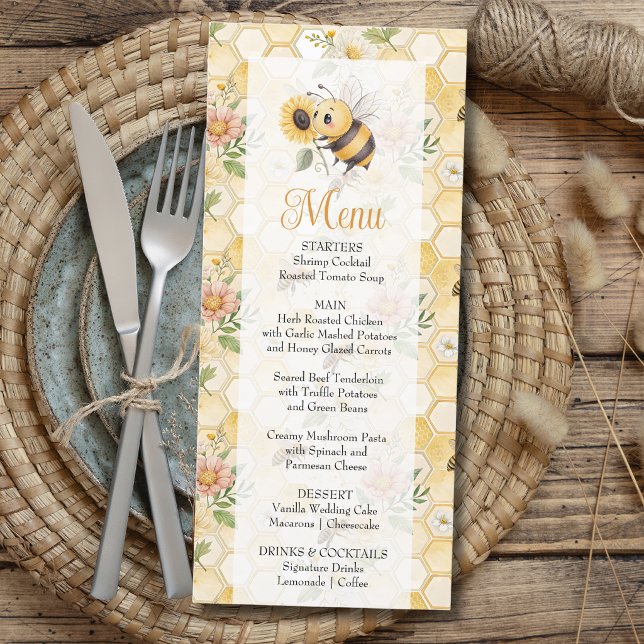Honeycomb Floral Bee Classy Custom Baby Shower Menükarte (Von Creator hochgeladen)