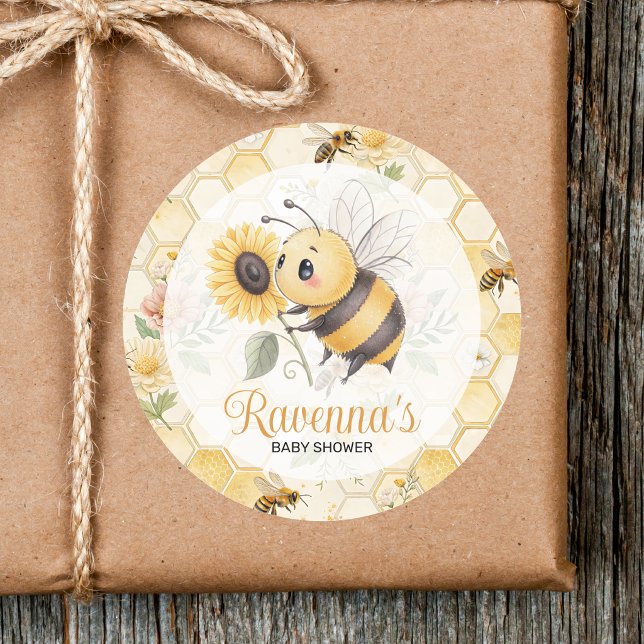 Honeycomb Floral Bee Custom Name Baby Shower Runder Aufkleber (Von Creator hochgeladen)