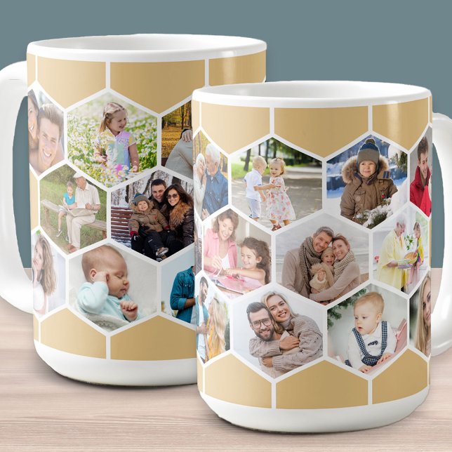 Honeycomb Foto Collage 17 Bild 15oz Kaffeetasse (Honeycomb geometric hexagon shape photo mug with 17 pictures in honey beige)