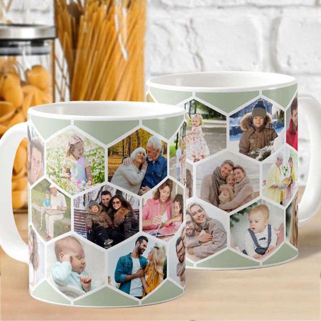Honeycomb Foto Collage 17 Picture Sage Green Kaffeetasse (Photo mug with 17 of your favorite pics and sage green hexagon honeycomb pattern)