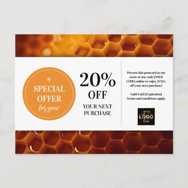 Honeycomb Honey Custom Coupon Discount Postcard Postkarte (Vorderseite)