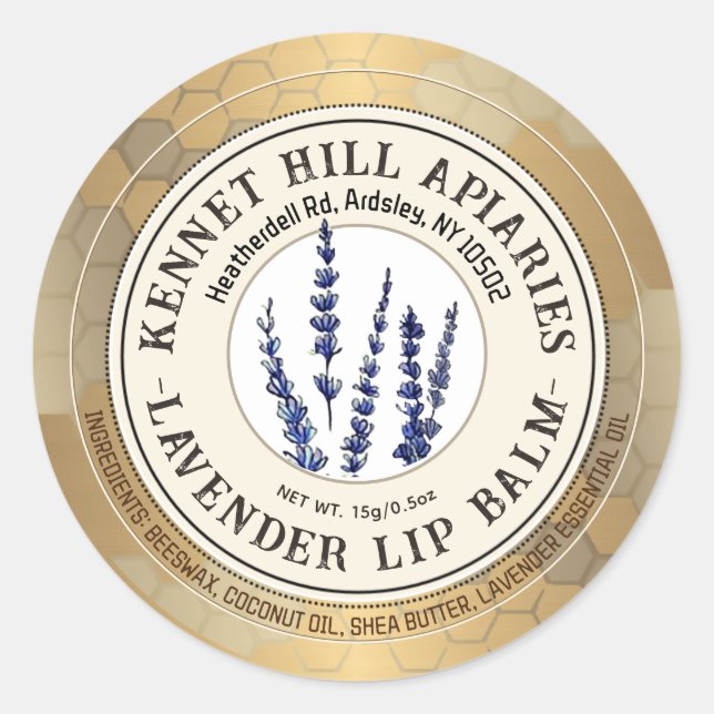 Honeycomb & Lavender Lip Balm Label Elfenbeingold Runder Aufkleber (Vorderseite)