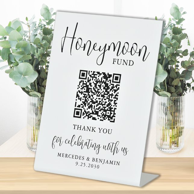 Honeymoon Fund Elegante Script QR Code Hochzeit Sockelschild (Von Creator hochgeladen)