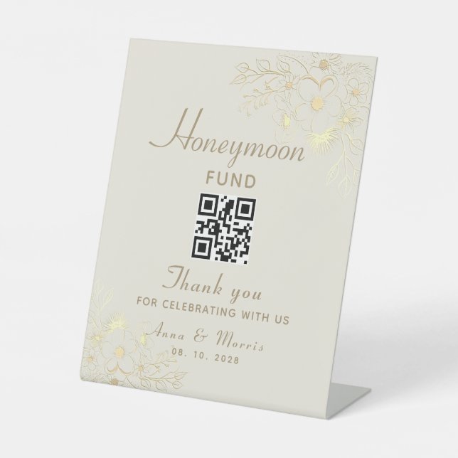 Honeymoon Fund Gold Wedding QR Code Sockelschild (Vorderseite)