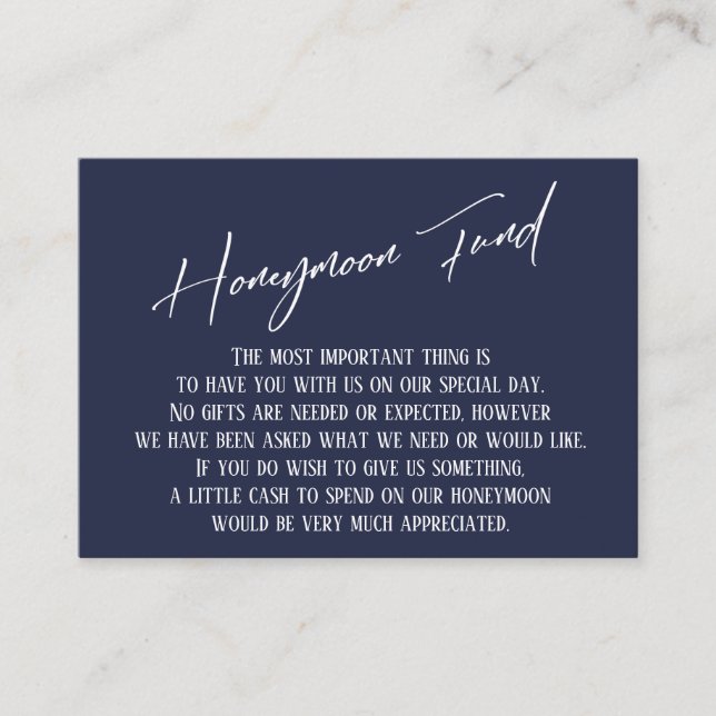 Honeymoon Fund Modern Handwriting Navy Blue Begleitkarte (Vorderseite)