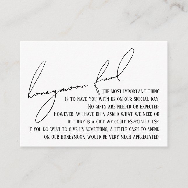 Honeymoon Fund Modern Slim Handwriting White Begleitkarte (Vorderseite)