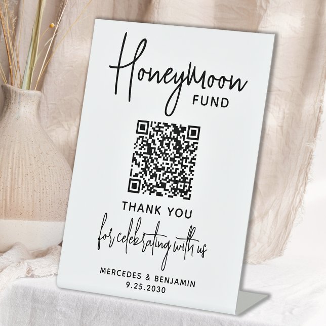 Honeymoon Fund Moderne Kalligrafie QR Code Wedding Sockelschild (Von Creator hochgeladen)