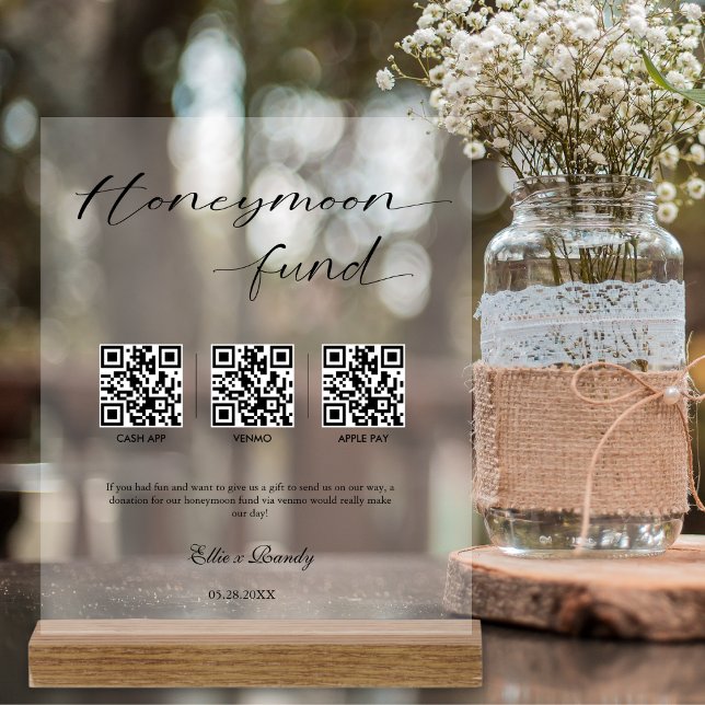 Honeymoon Fund Moderner Cash QR Code Hochzeit Holz Acrylschild (Von Creator hochgeladen)