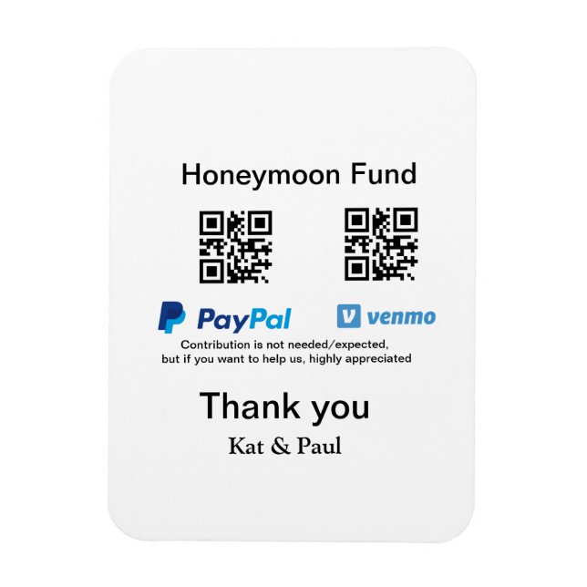 Honeymoon Fund PayPal Venmo QR Code Vielen Dank Magnet (Vertikal)