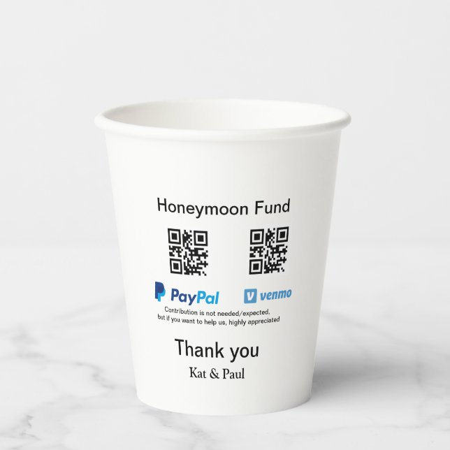 Honeymoon Fund PayPal Venmo QR Code Vielen Dank Pappbecher (Vorderseite)