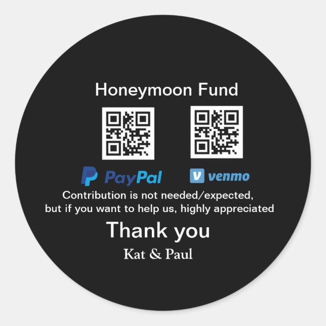 Honeymoon Fund PayPal Venmo QR Code Vielen Dank Runder Aufkleber (Vorderseite)