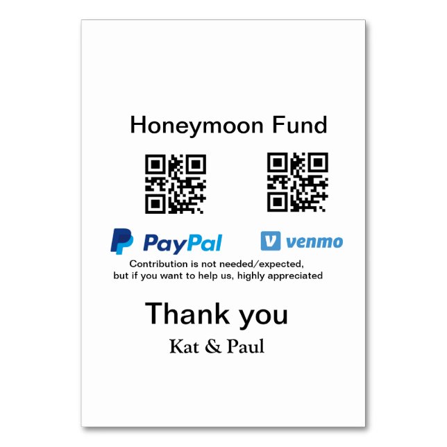 Honeymoon Fund PayPal Venmo QR Code Vielen Dank Tischnummer (Vorderseite)