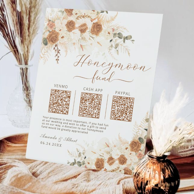 Honeymoon Fund QR Cash App, Venmo PayPal Spenden Sockelschild (Elegant floral wedding décor with digital convenience!)