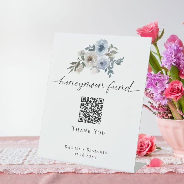 Honeymoon Fund QR Code Dusty Blue Wedding Sockelschild (Von Creator hochgeladen)